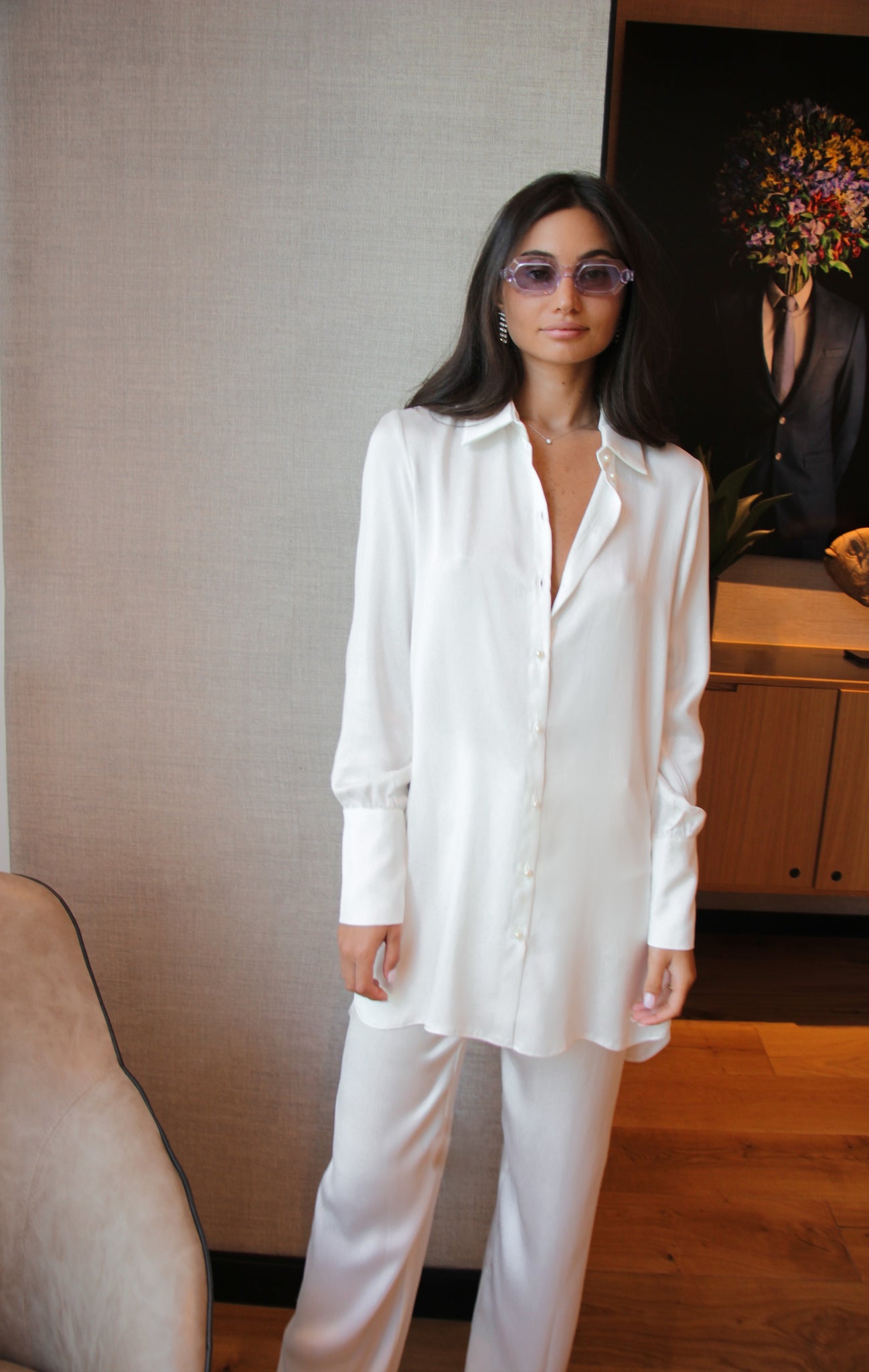 Iris long shirt in Silk | Pearl White